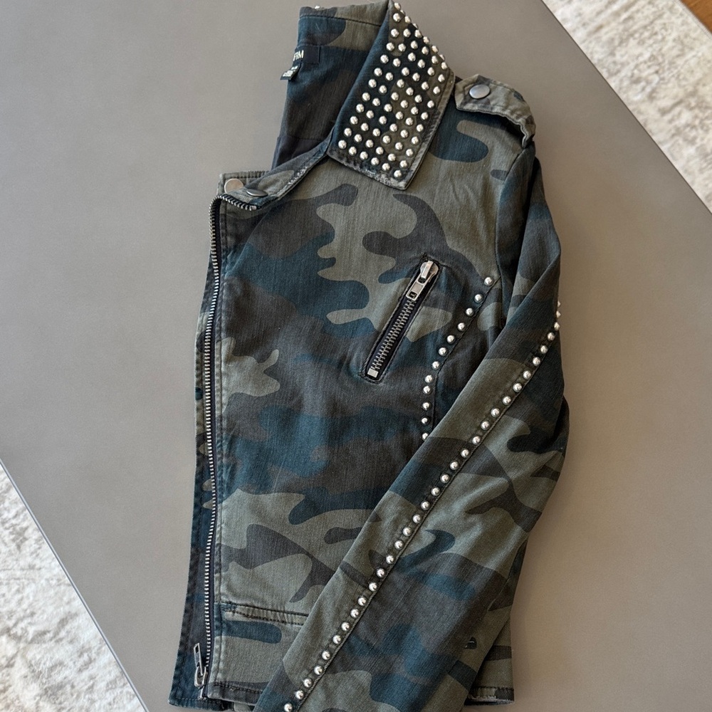 AFRM Studded Camo Bomber Jacket in Green and Black